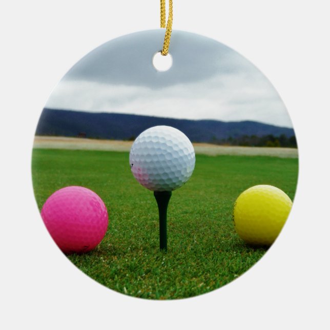 Coloured Golf Balls, mountain tee Ceramic Ornament (Front)