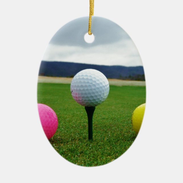 Coloured Golf Balls, mountain tee Ceramic Ornament (Front)
