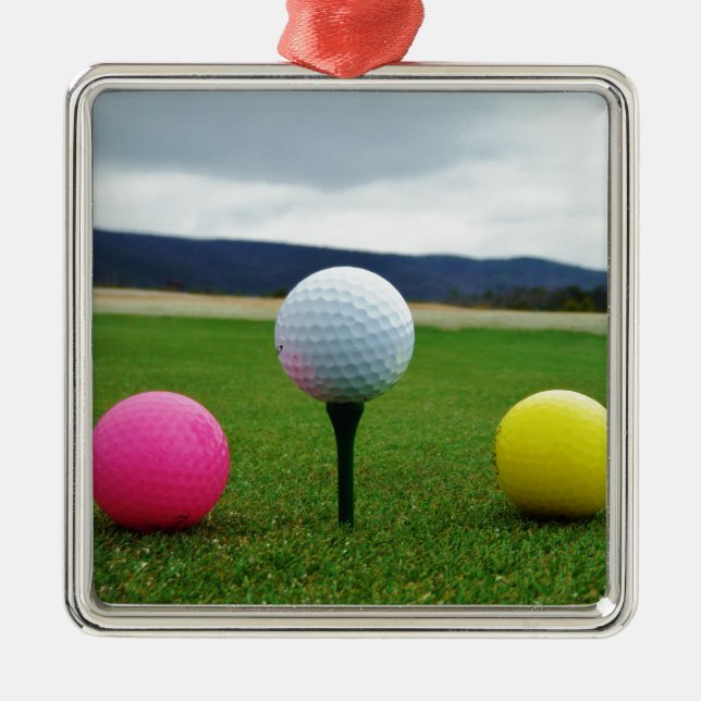 Coloured Golf Balls, mountain tee Metal Ornament (Front)