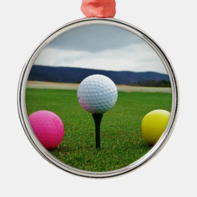 Coloured Golf Balls, mountain tee Metal Ornament (Front)