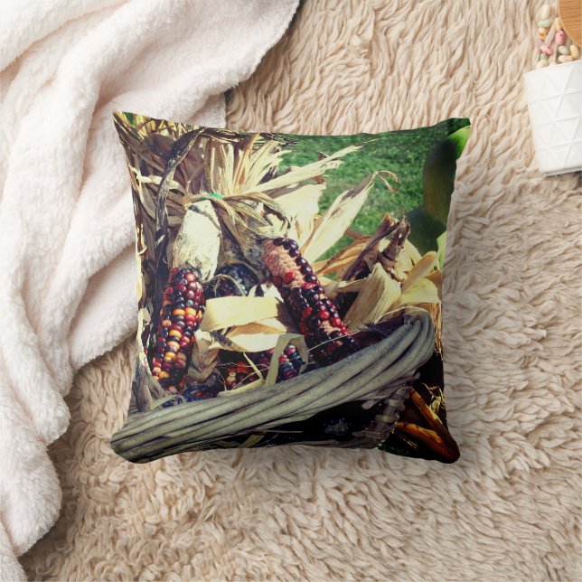 Coloured Indian Corn In Wicker Basket Fall  Throw Pillow (Blanket)