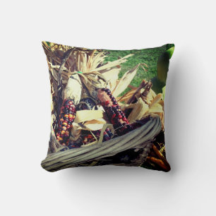 Coloured Indian Corn In Wicker Basket Fall  Throw Pillow