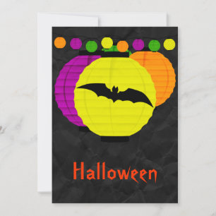 Coloured Lanterns & Black Bat Halloween Invitation