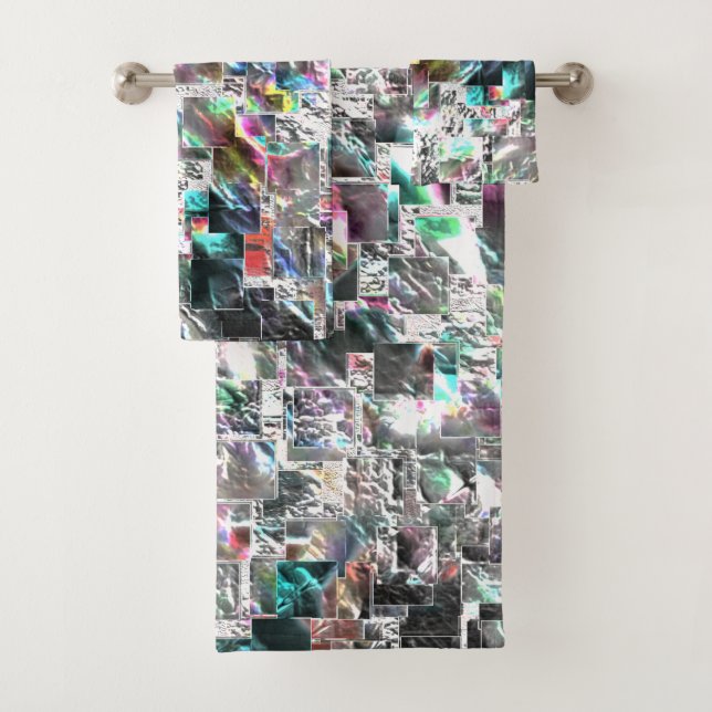 Coloured look like square dvd cutouts, rough mosai bath towel set (Insitu)