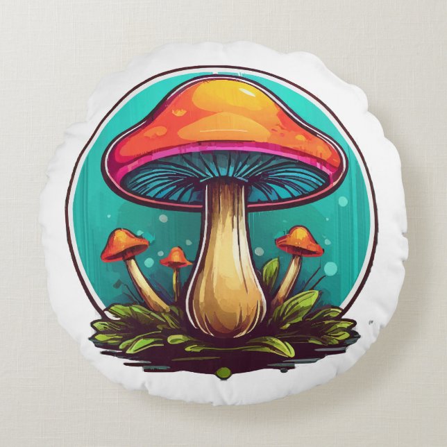 Coloured Magic Mushrooms Round Pillow (Front)