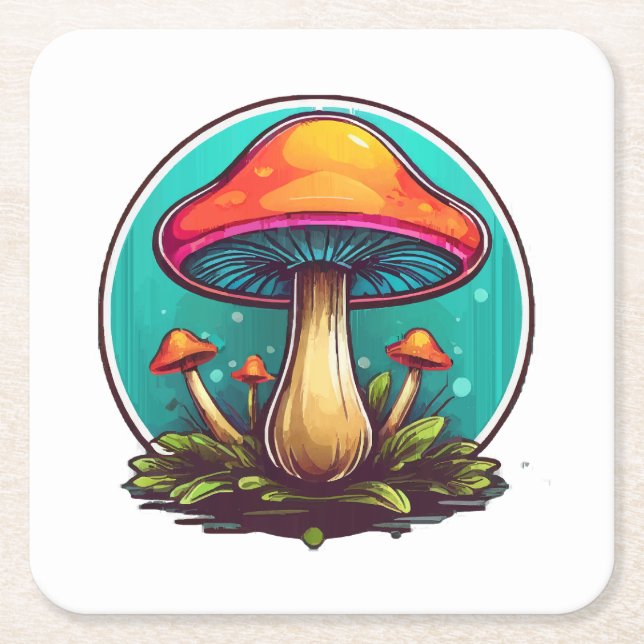Coloured Magic Mushrooms Square Paper Coaster (Front)