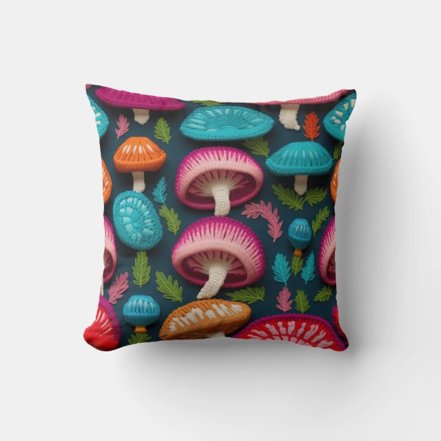 Coloured Mushroom Embroidery Background Throw Pillow (Front)