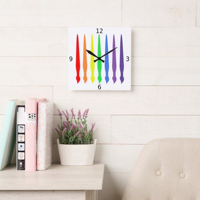 Coloured paintbrushes, simple, modern, colourful square wall clock (Reading Room)