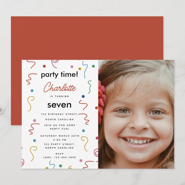 Coloured Party Confetti Birthday Party Time Photo Invitation (Front/Back)