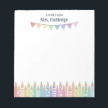 Coloured Pastel Pencils Note From School Teacher<br><div class="desc">A note from School Teacher notepad personalized with the teacher's name above a multi-coloured pastel bunting banner and a row of coloured pencils, some with patterns, in pastel rainbow colours. Kindergarten teacher notepad with pastel pencils and a bunting flag banner in pastel shades of the rainbow, with some patterns like...</div>