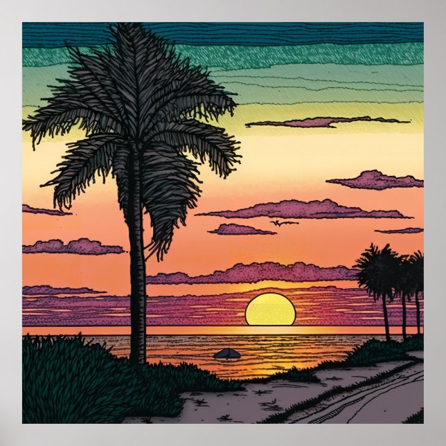 Coloured Pencil look of a stunning beach sunset Poster (Front)