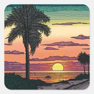 Coloured Pencil look of a stunning beach sunset Square Sticker