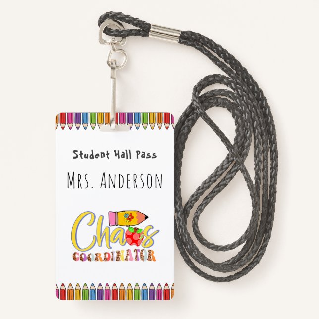 Coloured Pencil Teacher Hall Pass for Classroom Badge (Front with Lanyard)