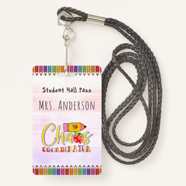 Coloured Pencil Teacher Hall Pass for Classroom Badge (Front with Lanyard)
