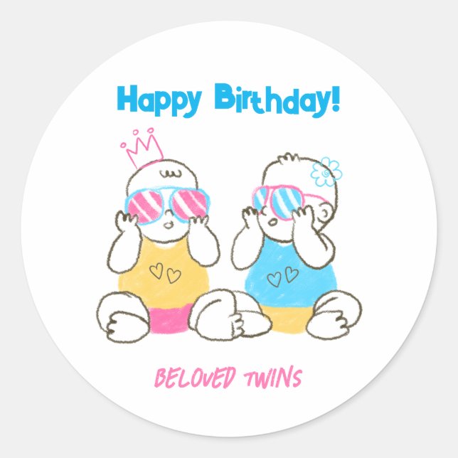 Coloured Pencil Twins Happy Birthday Round Sticker (Front)