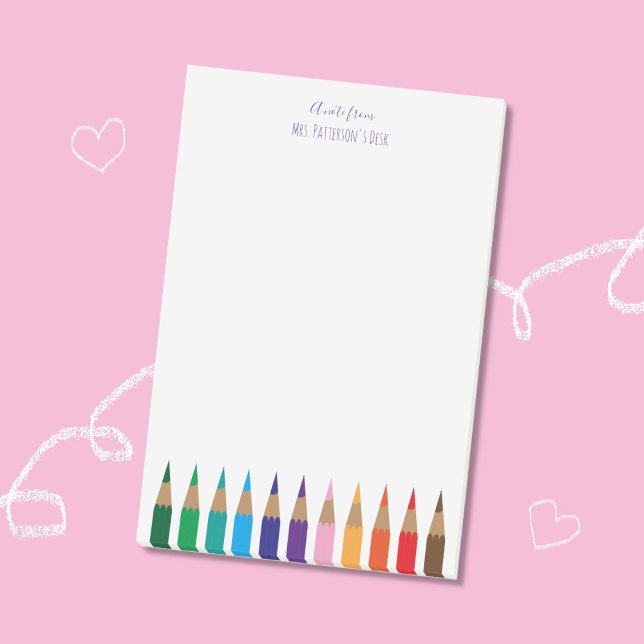 Coloured Pencils Art Teacher Personalized Notes (Art teacher personalized blank post-it notes with the tips of colored pencils at the bottom . )