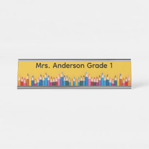 Coloured Pencils on School Bus Yellow Personalize  Desk Name Plate