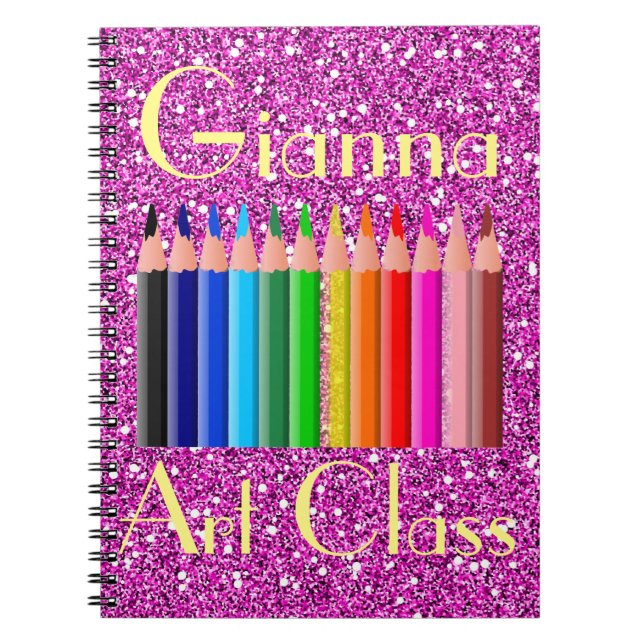 Coloured Pencils Pink Faux Glitter Notebook (Front)