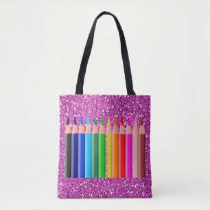 Coloured Pencils Pink Faux Glitter Tote Bag