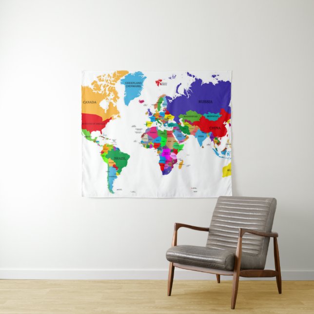 Coloured Political World Map Tapestry (In Situ (Horizontal))