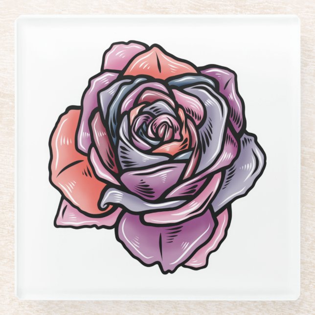 Coloured Rose Flower Glass Coaster (Front)