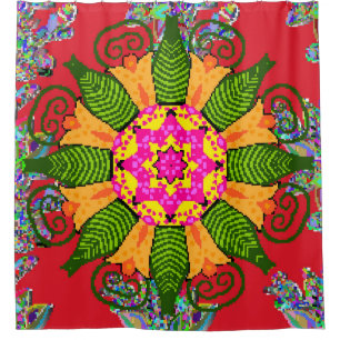 Coloured round floral mandala on a red, green and