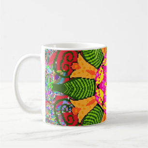 Coloured round floral mandala on a red,  green and coffee mug