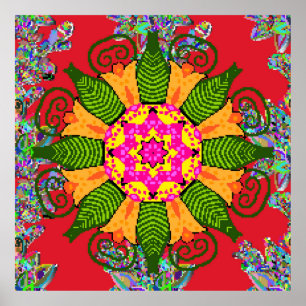 Coloured round floral mandala on a red,  green and poster