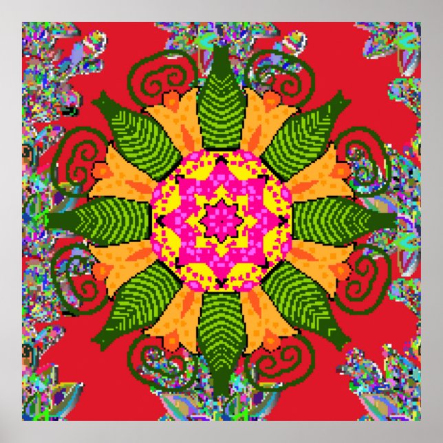 Coloured round floral mandala on a red,  green and poster (Front)