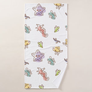 Coloured sealife pattern with seastars and fishes bath towel