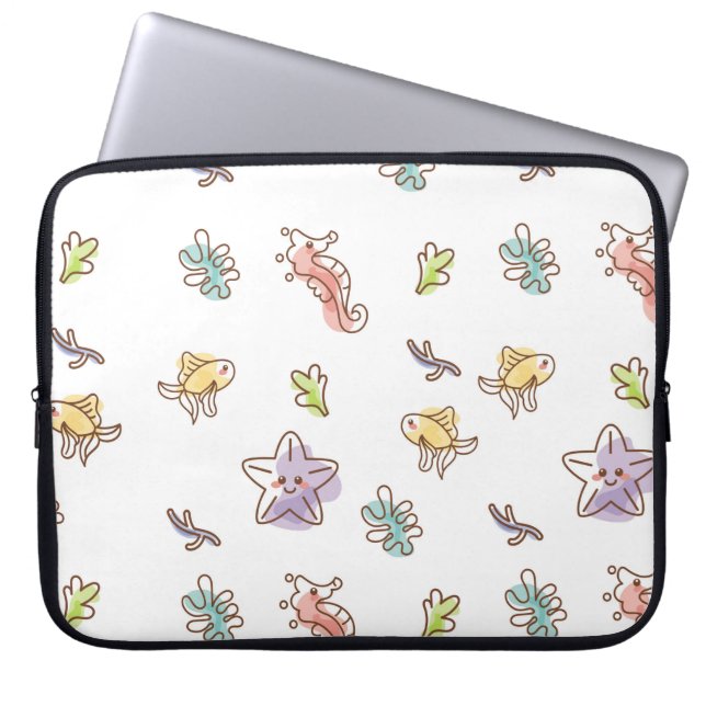 Coloured sealife pattern with seastars and fishes  laptop sleeve (Front)