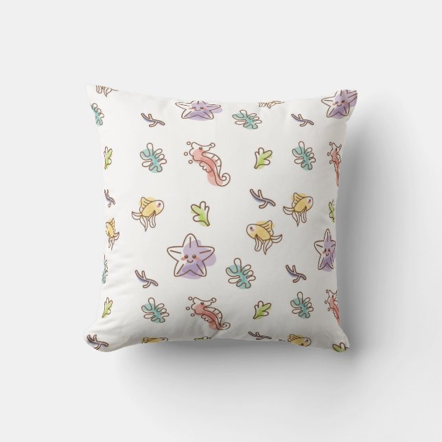 Coloured sealife pattern with seastars and fishes  throw pillow (Front)