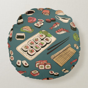 Coloured Sushi and rolls seamless pattern,excellen Round Pillow