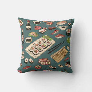 Coloured Sushi and rolls seamless pattern,excellen Throw Pillow