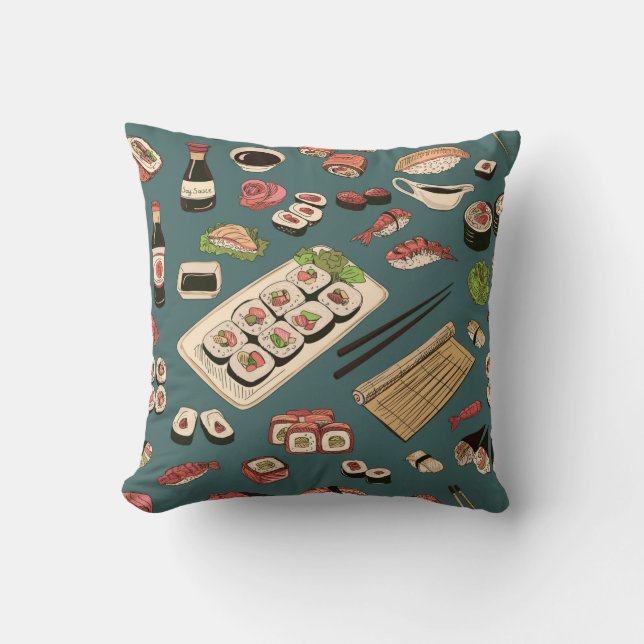 Coloured Sushi and rolls seamless pattern,excellen Throw Pillow (Front)