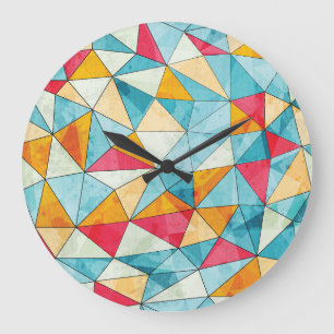 Coloured Triangles: Grunge Vintage Pattern Large Clock