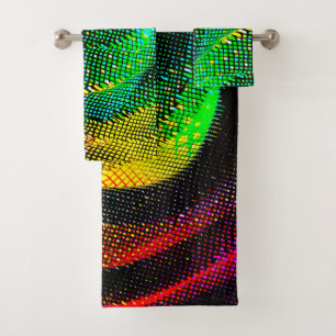 Coloured weird spiral with newsprint effect on dar bath towel set