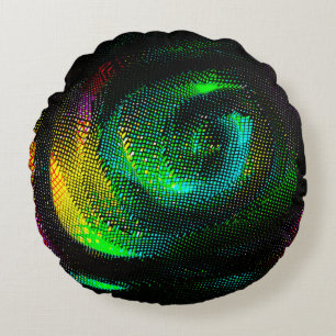 Coloured weird spiral with newsprint effect on dar round pillow