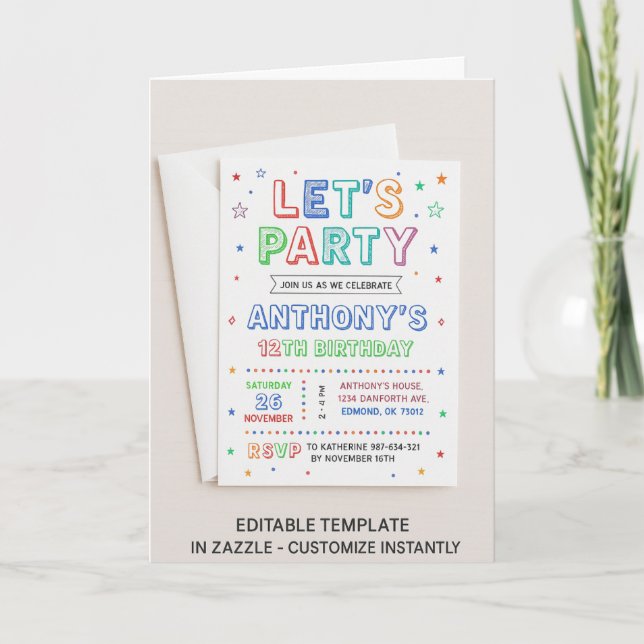 Colourful 12th Birthday Party Invitation for Kids  (Front)
