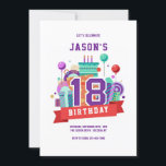Colourful 18th Birthday Party Invitation<br><div class="desc">A milestone birthday party invitation featuring the number 18 with balloons, presents and a birthday cake. (Background vector created by freepik - www.freepik.com). The card is easy to customize with your wording, font, font colour and paper shape options. Not exactly what you're looking for? All our products can be custom...</div>