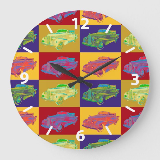 Colourful 1938 Cadillac Lasalle Pop Art Large Clock (Front)