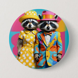 Colourful 1960's mod raccoons 3 inch round button