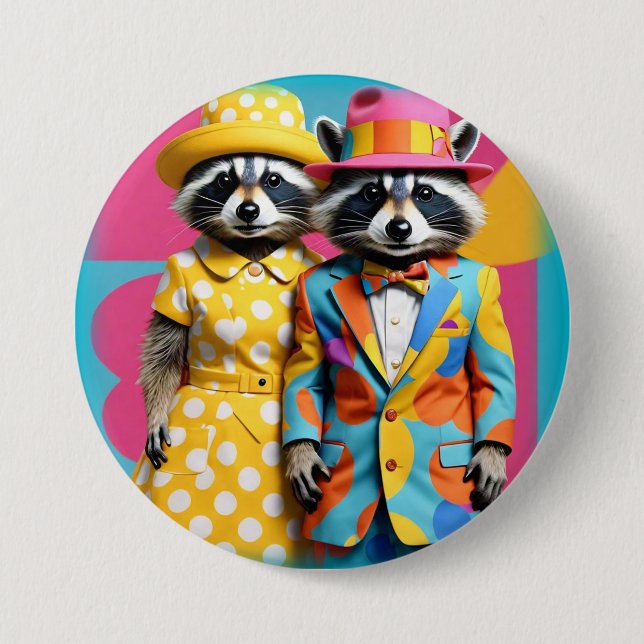 Colourful 1960's mod raccoons 3 inch round button (Front)