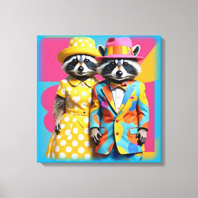 Colourful 1960's mod raccoons canvas print (Front)