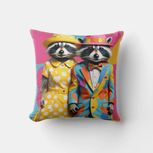 Colourful 1960's mod raccoons throw pillow