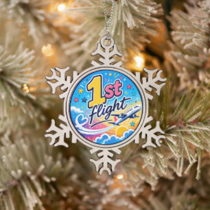 Colourful 1st flight airplane souvenir snowflake pewter christmas ornament