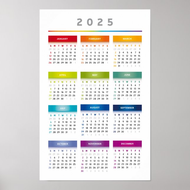 Colourful 2025 Calendar - Rainbow Colours 3 Column Poster (Front)