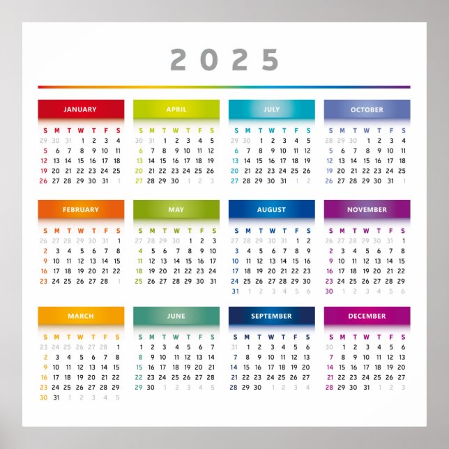 Colourful 2025 Calendar - Rainbow Colours 3 Column Poster (Front)