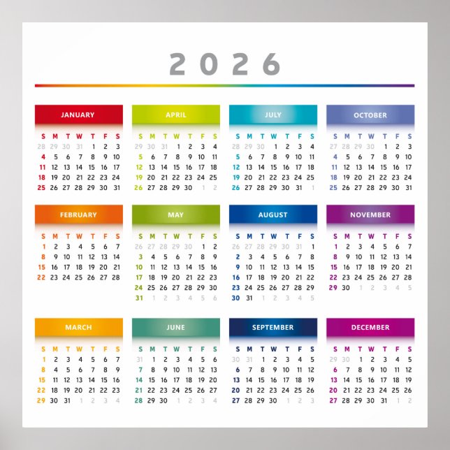 Colourful 2026 Calendar - Rainbow Colours 3 Column Poster (Front)