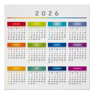 Colourful 2026 Calendar - Rainbow Colours 3 Column Poster